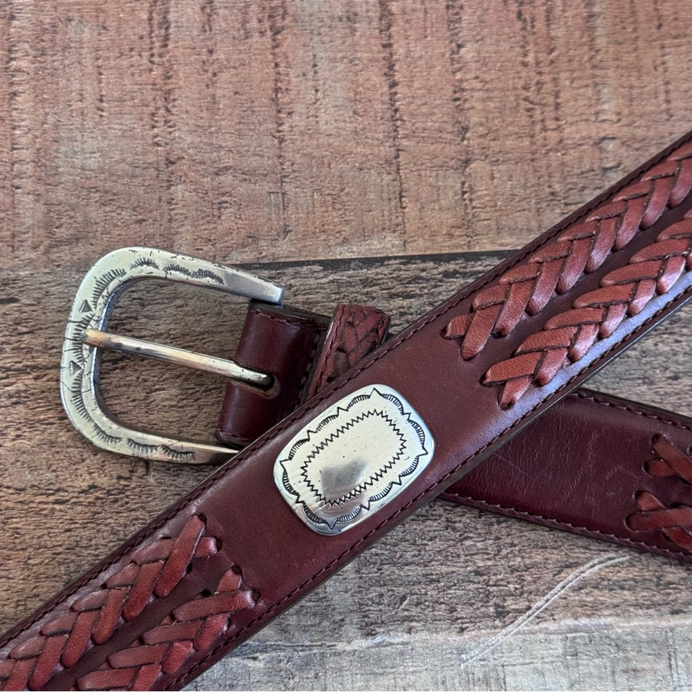 Brighton Western Braided Leather Belt with Silver Buckle and Plate Details Size